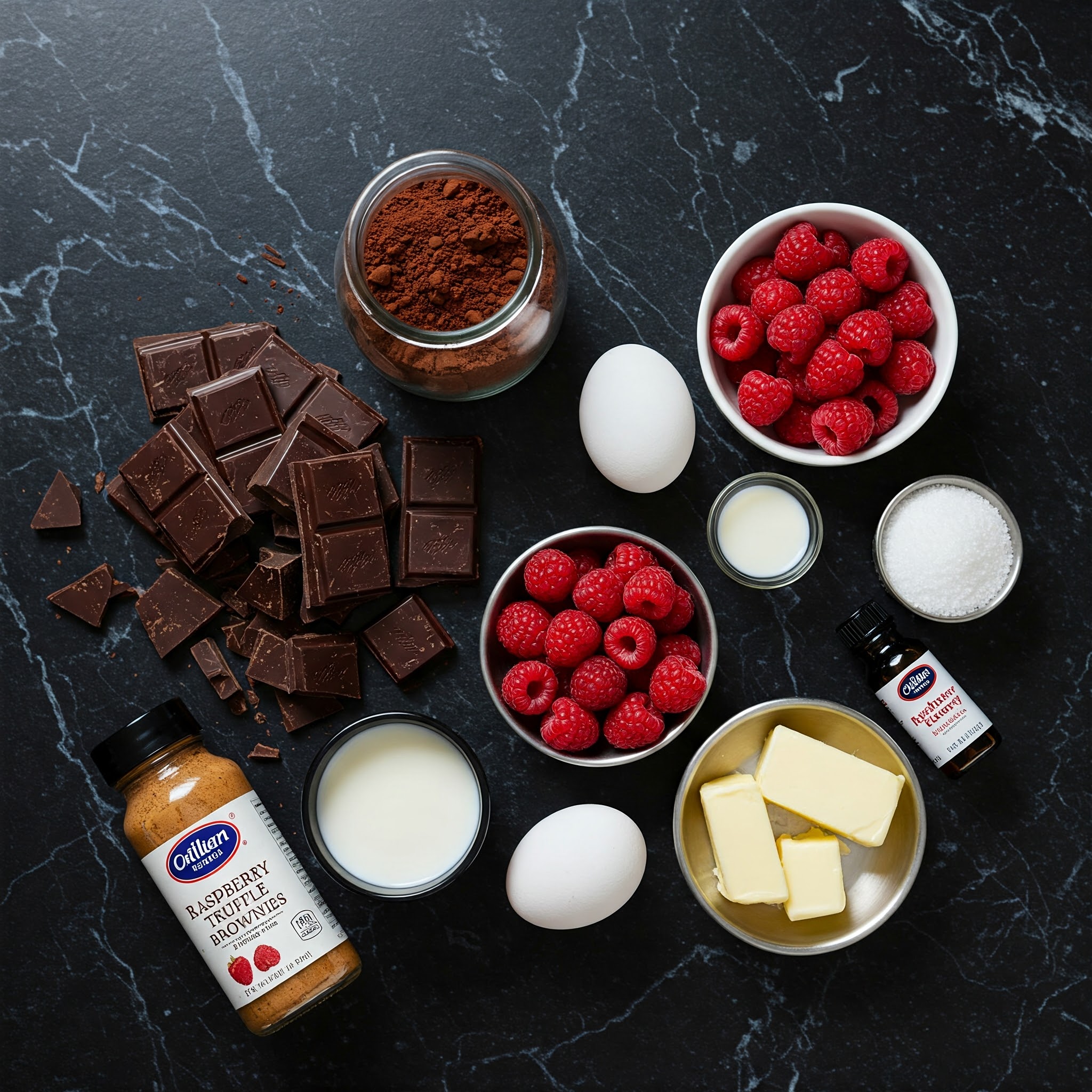 A collection of ingredients for Valentine's Raspberry Truffle Brownies, featuring chocolate and fresh raspberries.