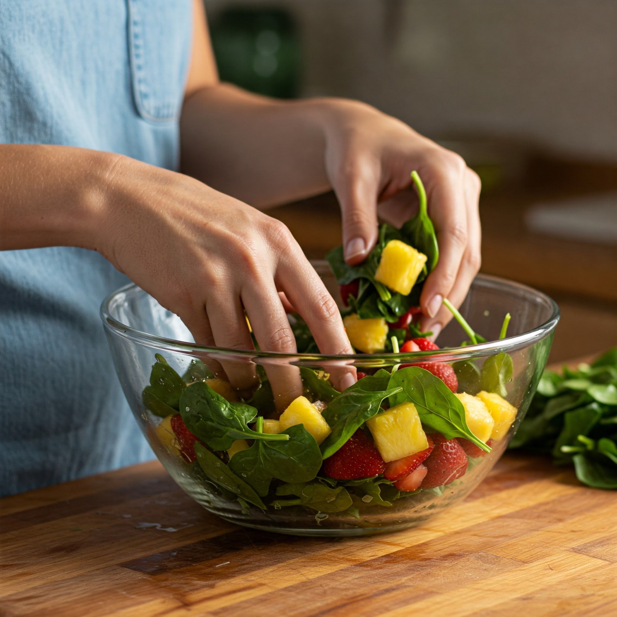 A woman skillfully prepares a vibrant Valentine's Spinach, Pineapple, and Strawberry Salad in a large bowl.