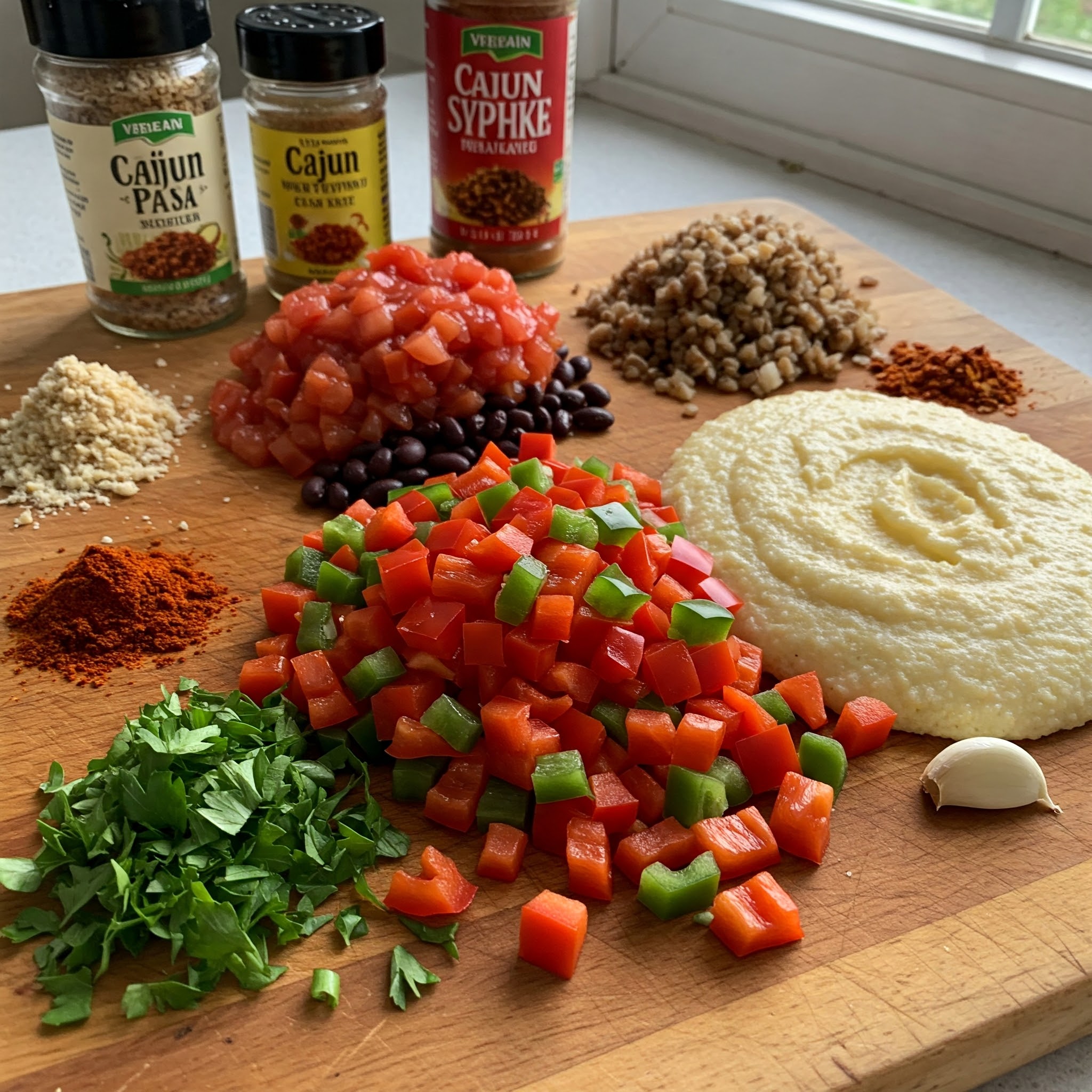 A vibrant display of ingredients for Spicy Cajun Hash on Grits Recipe, including rice, tomatoes, peppers, and spices, ready for cooking.