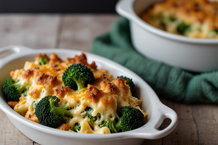 A delicious Individual Broccoli Wild Rice Casserole topped with cheese, perfect for a romantic Valentine's Day dinner. 