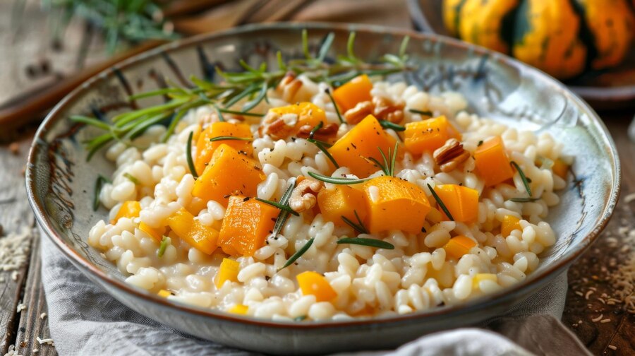 Creamy butternut squash risotto garnished with fresh rosemary, perfect for a romantic Valentine's dinner.