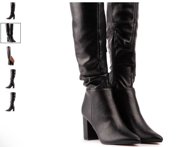 A pair of black leather knee-high boots with a zipper, labeled as Peach Vegan Knee-High Boots by V.GAN.