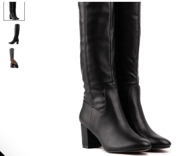 A pair of black leather knee-high boots with a zipper, labeled Avocado Vegan by V.GAN.