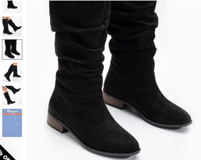 A pair of black Maribel Vegan Suede Slouchy Boots by Prologue Shoes, showcased on a woman’s feet.