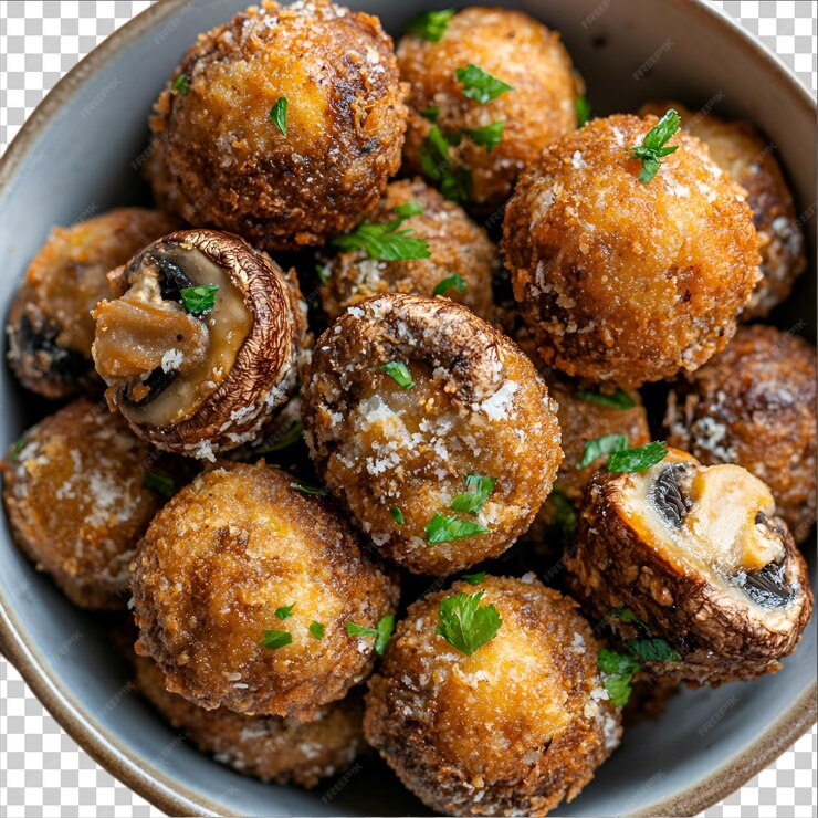 A bowl of Sicilian rice balls with mushroom & pea filling topped with vegan Parmesan cheese and herbs, perfect for a Valentine's Day treat.