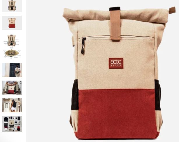 A stylish everyday backpack by 8000Kicks featuring a vibrant red and beige color scheme.