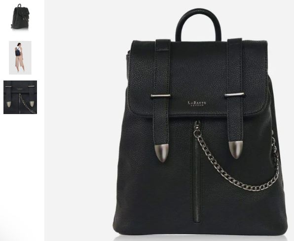 LaBante London's Agnes Vegan Leather Backpack features a black design with chains and a chic chain strap.