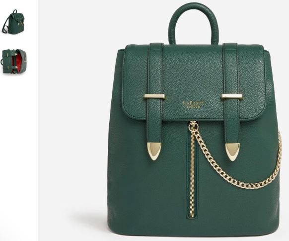 A green vegan leather backpack adorned with gold chains, showcasing the stylish Agnes design by LaBante London.