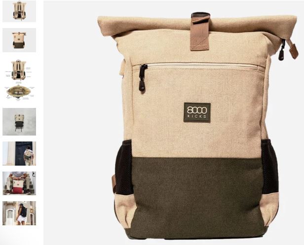 A stylish everyday backpack by 8000Kicks featuring a printed image of itself on the front.