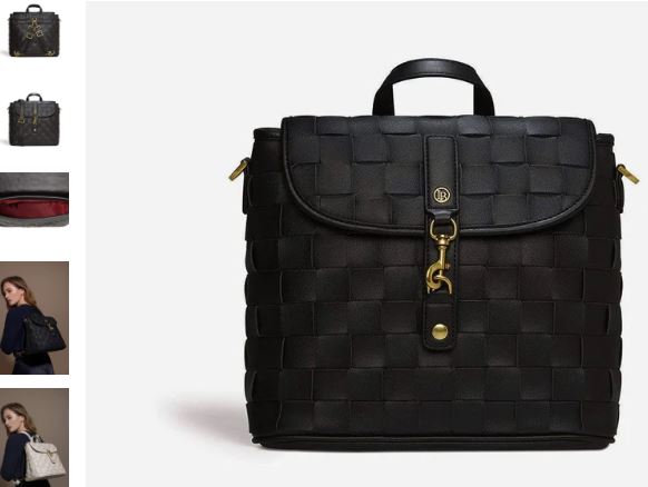 A black backpack featuring various images, showcasing the Rosie Recycled Vegan Mini Backpack by LaBante London.