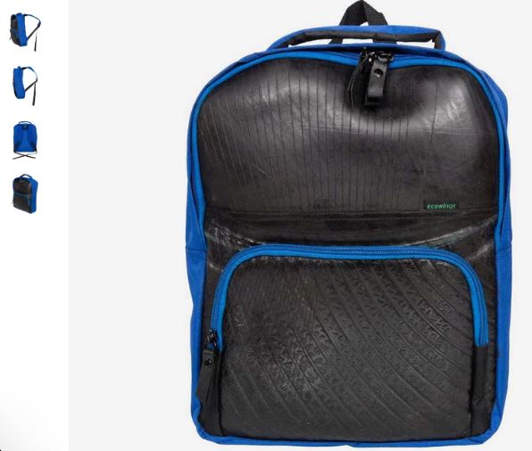 A blue backpack featuring a black handle and zipper, designed by Ecowings from upcycled tyres, promoting vegan sustainability.