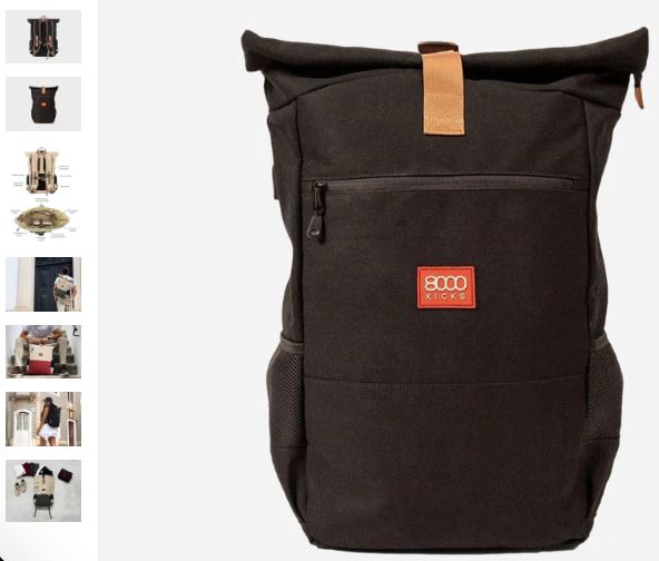 Everyday Backpack by 8000Kicks: a sleek black design with a prominent red logo.