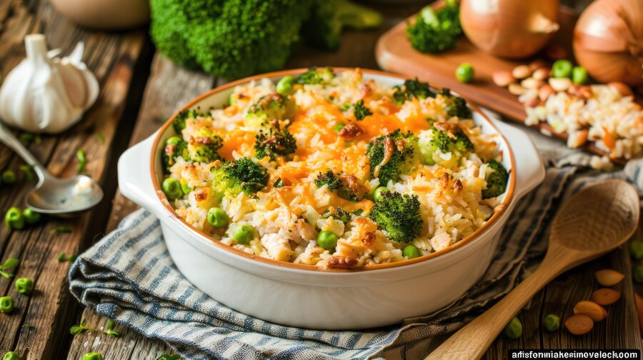 An Individual Broccoli Wild Rice Casserole dish brimming with cheese, perfect for a romantic Valentine's Day meal.