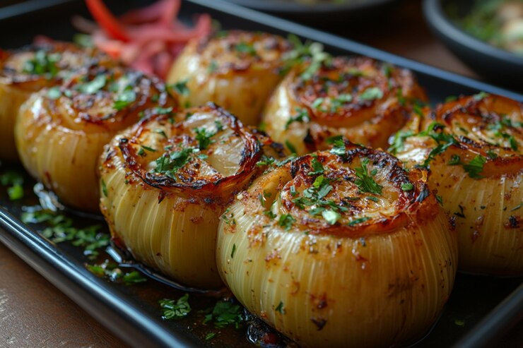 A black tray featuring Provençal stuffed onions filled with lentils, quinoa, and kale, perfect for Valentine's Day.