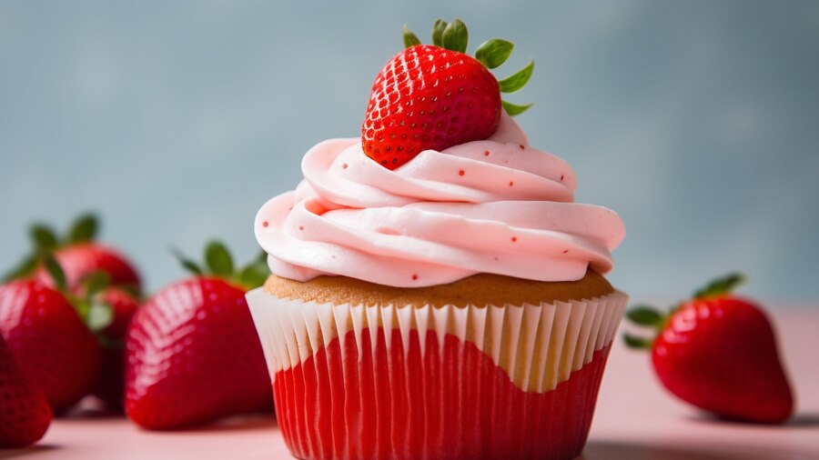 A delightful vegan strawberry cupcake topped with creamy frosting and fresh strawberries, perfect for Valentine's Day.