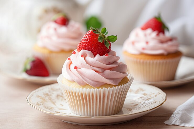 Three vegan strawberry cupcakes with pink frosting arranged on a decorative plate, perfect for Valentine's Day celebrations.