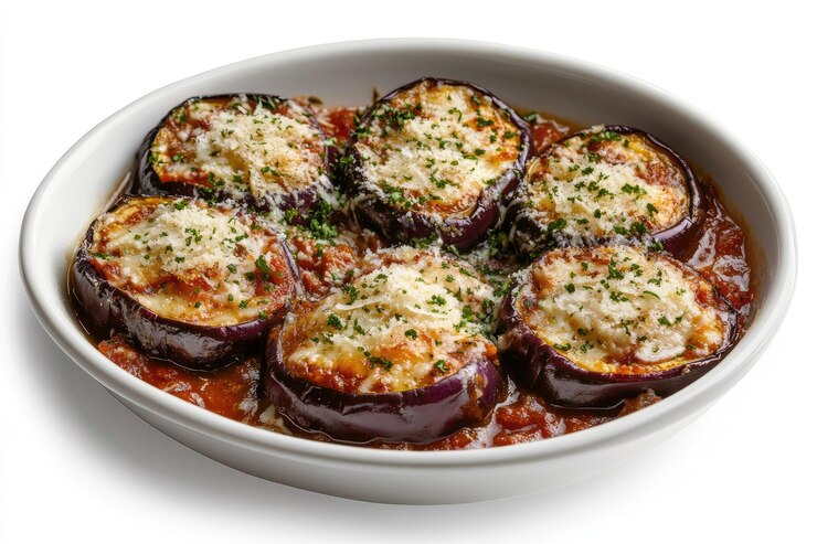 A bowl of eggplant filled with cheese, served as a delightful dish for Valentine's Day, featuring Air Fryer Eggplant Parmesan.