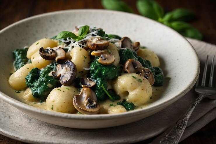 Vegan potato gnocchi with mushrooms and spinach, topped with vibrant spinach pesto for a romantic Valentine's dinner.