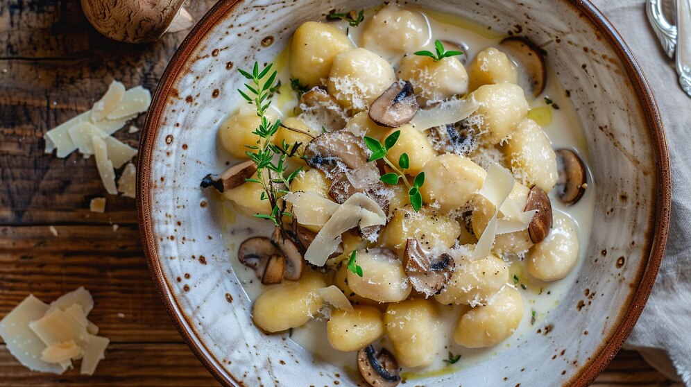 Vegan potato gnocchi topped with mushrooms and parmesan, perfect for a romantic Valentine's date night dinner.