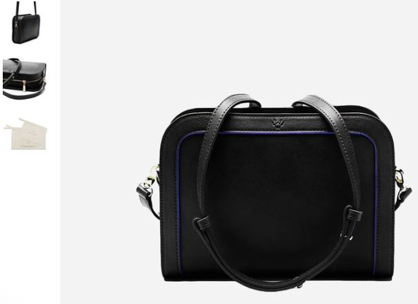 A black handbag with purple trim alongside a matching purple wallet, showcasing Wilton Vegan Leather design.