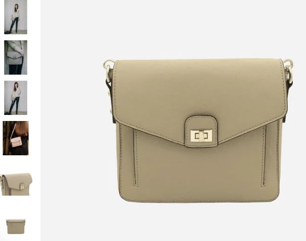 A beige leather crossbody bag made from Faustine Desserto® cactus leather, featuring a secure zipper closure.