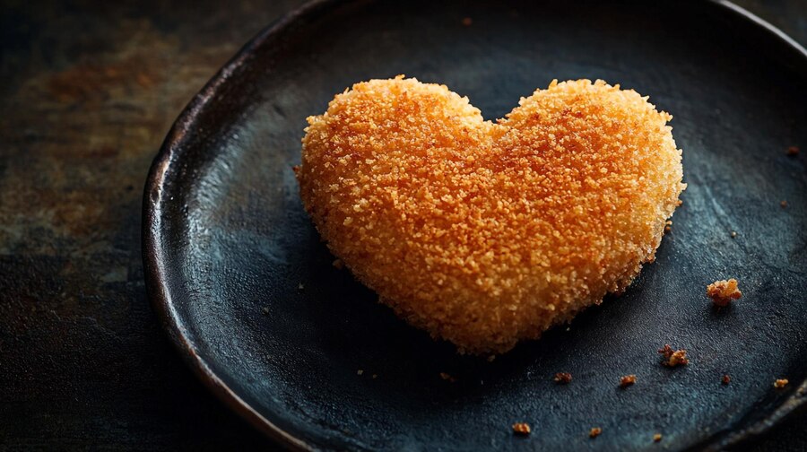 A heart-shaped Sicilian Rice Balls elegantly presented on a plate, perfect for a Valentine's Day celebration.