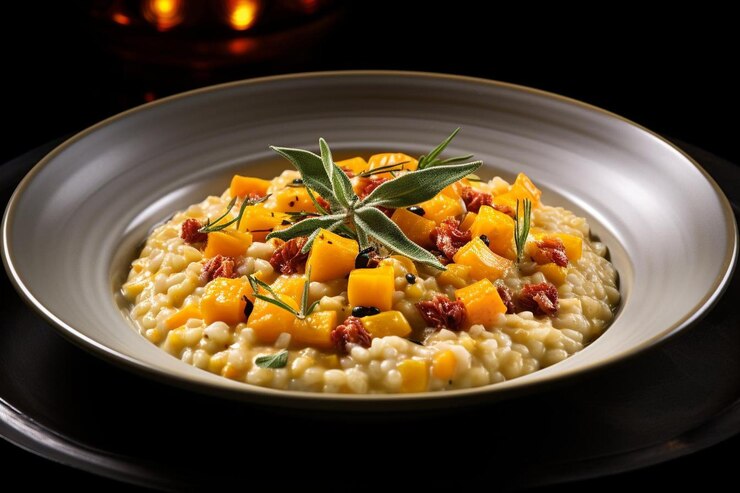 A delicious serving of butternut squash risotto topped with herbs, ideal for a cozy Valentine's meal.