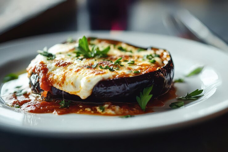 An eggplant filled with cheese and tomato sauce, served with pasta for a delightful Valentine's Day meal.