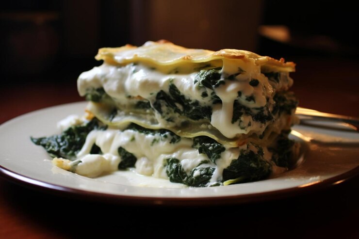 A plate of Vegan Lasagna Verde, beautifully layered with cheese, perfect for a romantic Valentine's Day meal.