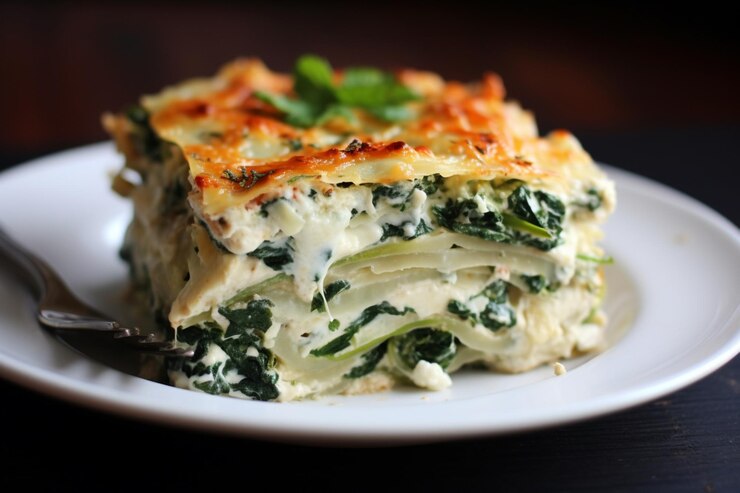 A slice of Vegan Lasagna Verde elegantly presented on a white plate, perfect for a romantic Valentine's Day meal.