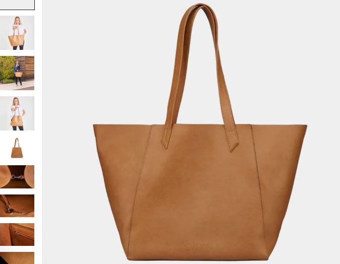 A versatile tote bag displayed with various images, showcasing the Totissimo Foldable Vegan Leather Tote Bag in Camel by Canussa.