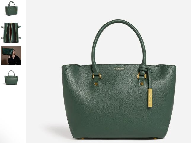 A collection of images showcasing the Forest Green Sophie Vegan Leather Tote Bag by LaBante London.