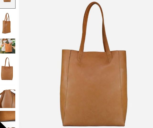 A brown leather tote bag featuring an image of a woman, showcasing the Basic Vegan Leather Everyday Tote by Canussa.