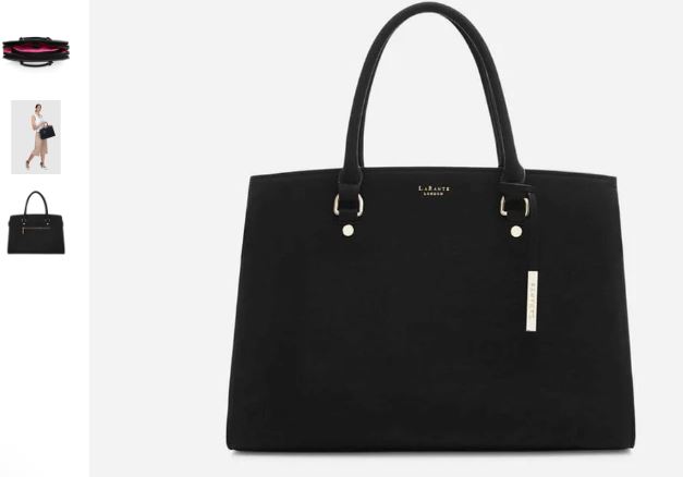 A black tote bag alongside a purse and various items, featuring the Aricia Vegan Leather Laptop Bag by LaBante London.