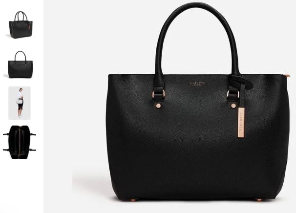 A black tote bag with a gold handle, showcasing the Sophie Vegan Leather Tote Bag by LaBante London.