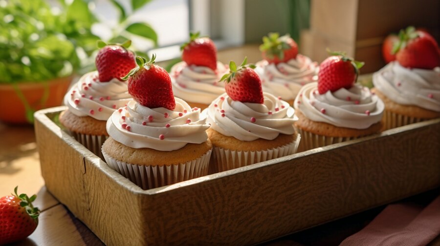A wooden box filled with vegan strawberry cupcakes, perfect for Valentine's Day celebrations.