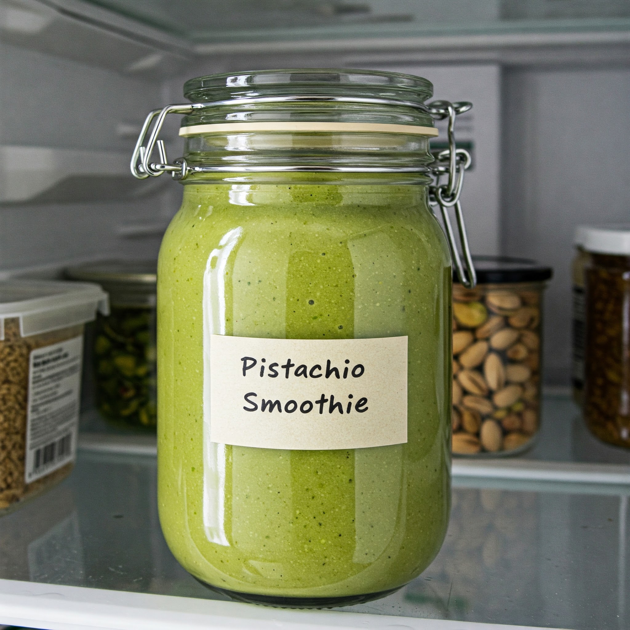 A jar filled with a vibrant green pistachio smoothie, perfect for summer refreshment.