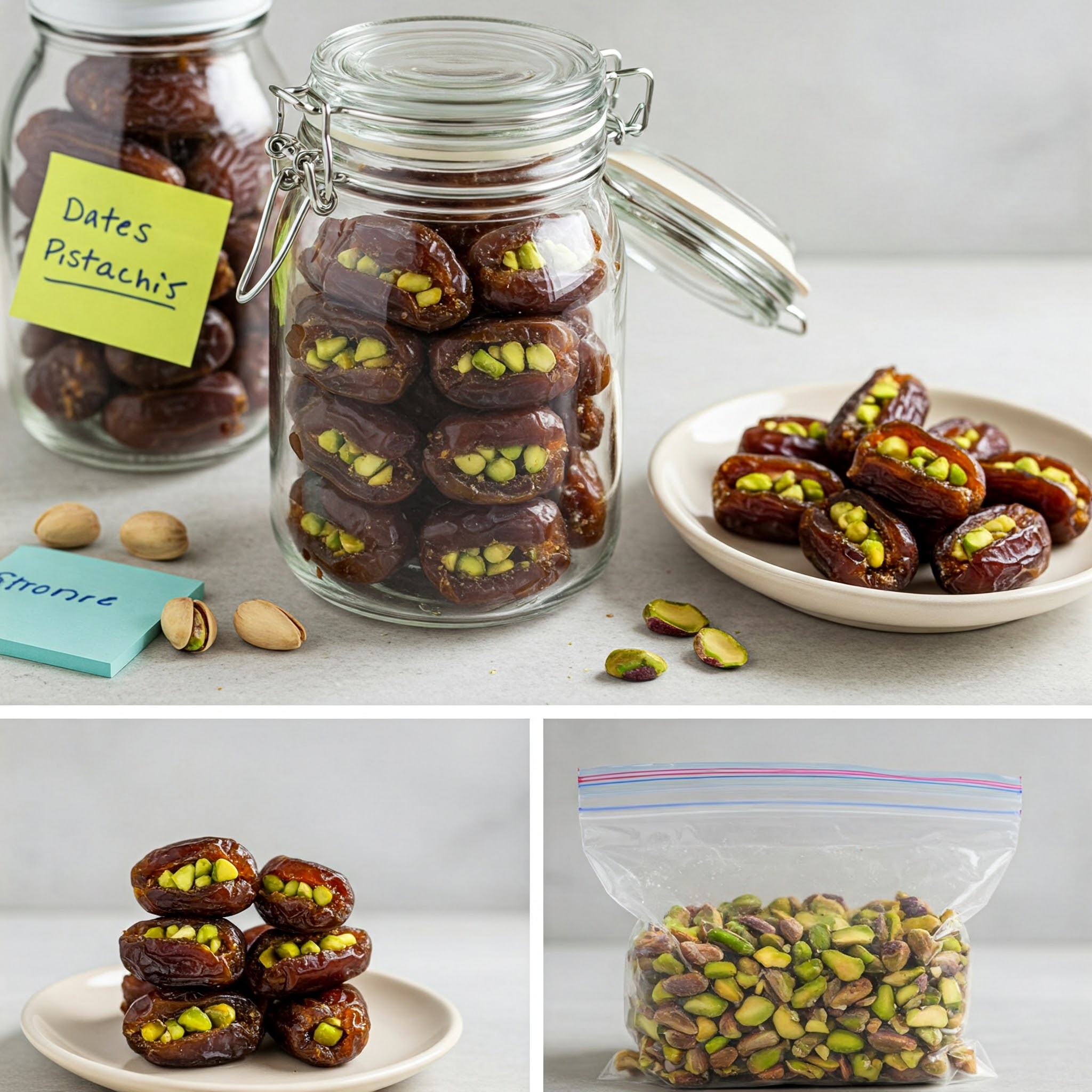 A collection of images featuring pistachio-stuffed dates alongside various nuts, highlighting a popular vegan recipe.