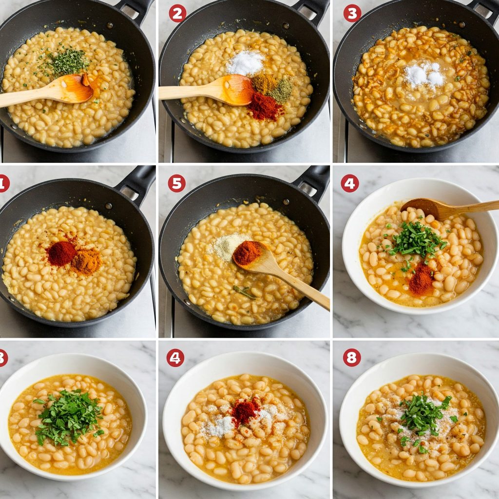 Step-by-step photos illustrating the process of making Marry Me Butter Beans baked beans, inspired by a popular TikTok recipe.