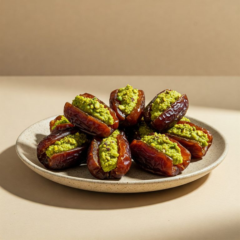 A plate of dates topped with green pesto, showcasing a vegan recipe for trending pistachio-stuffed dates.