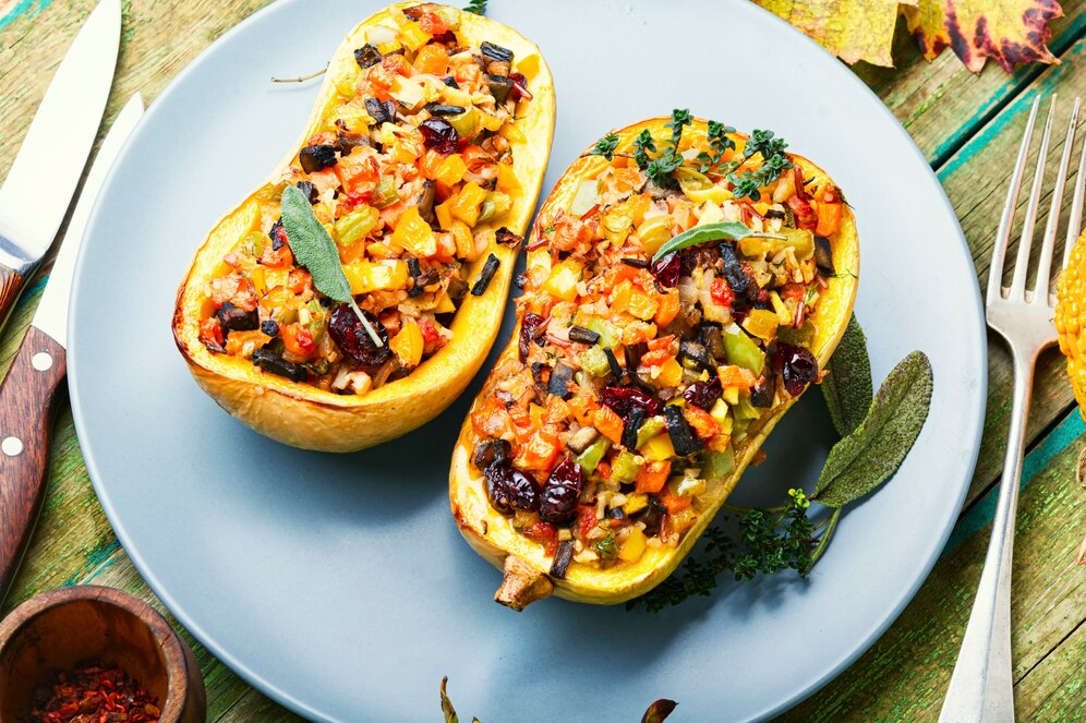 Two stuffed butternut squash boats on a plate, garnished with fresh leaves and spices, showcasing a summer recipe.