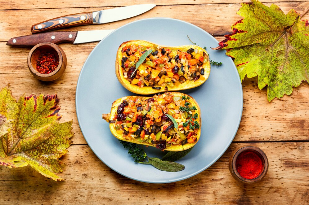 Two stuffed butternut squash halves on a plate, garnished with leaves, showcasing a summer recipe.