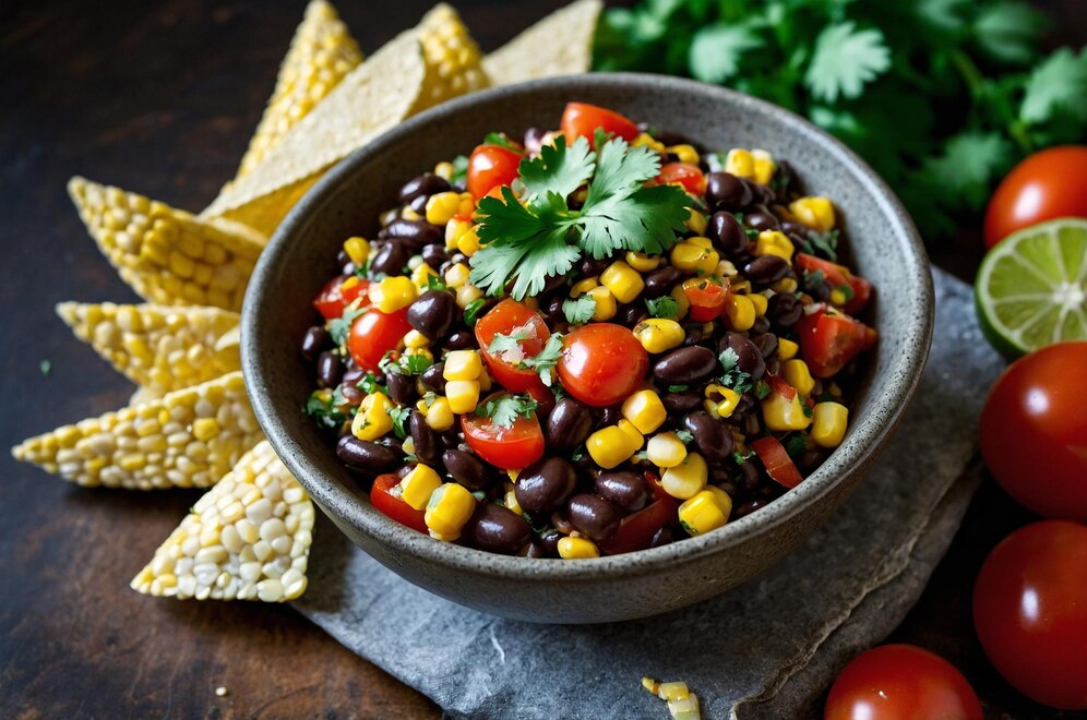 Mexican black bean salsa with corn and tomatoes, served in a bowl, part of a vegan meal prep with cilantro-lime rice.