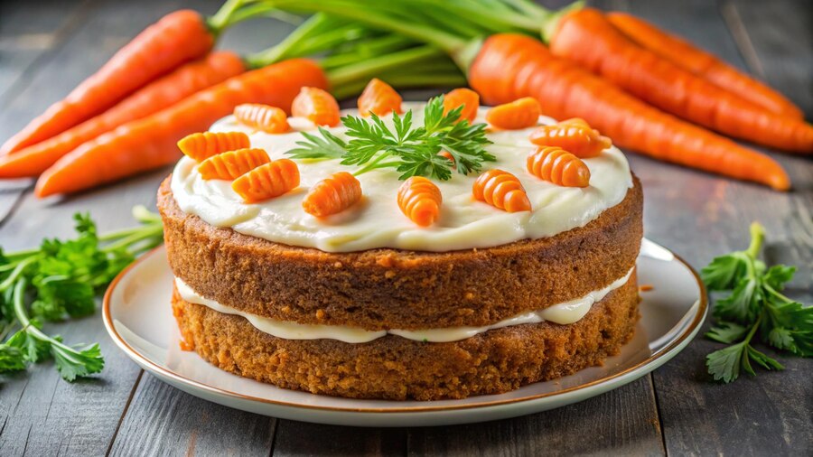 Vegan carrot cake topped with cream cheese frosting, displayed on a rustic wooden table.