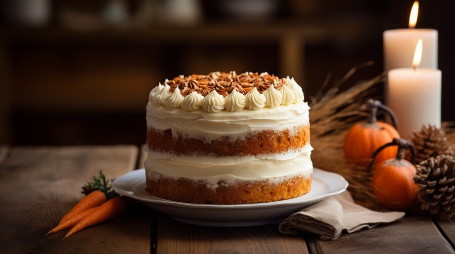 A vegan carrot cake topped with cream cheese frosting, elegantly presented on a white plate.