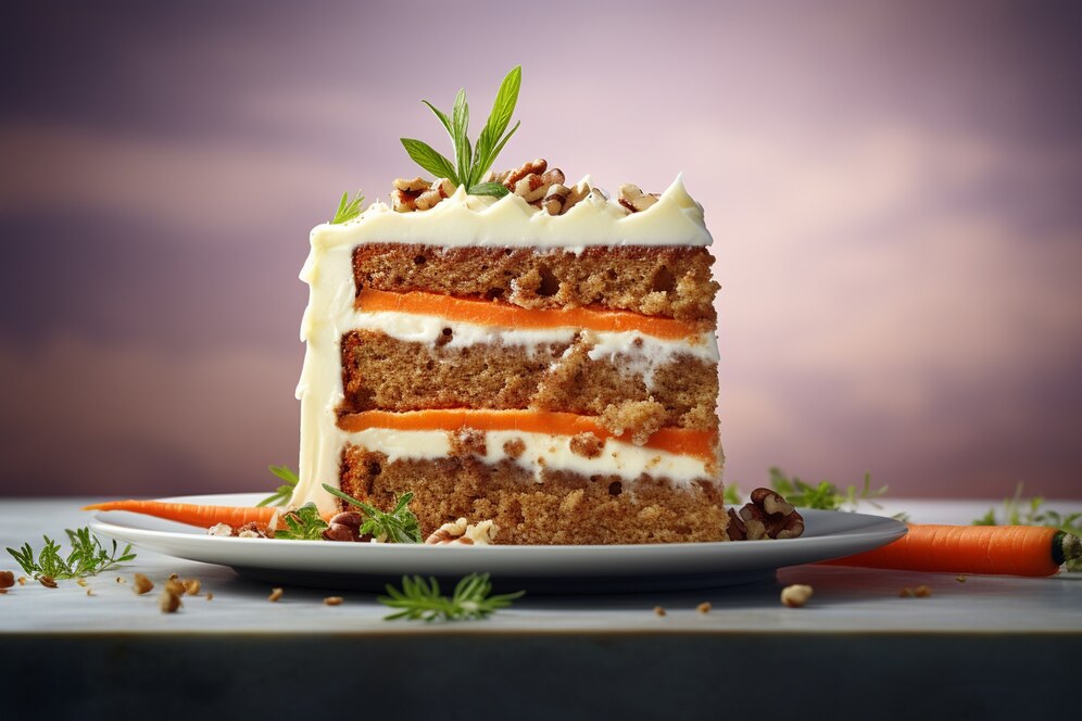 Vegan carrot cake topped with cream cheese frosting and walnuts, served on a white plate.