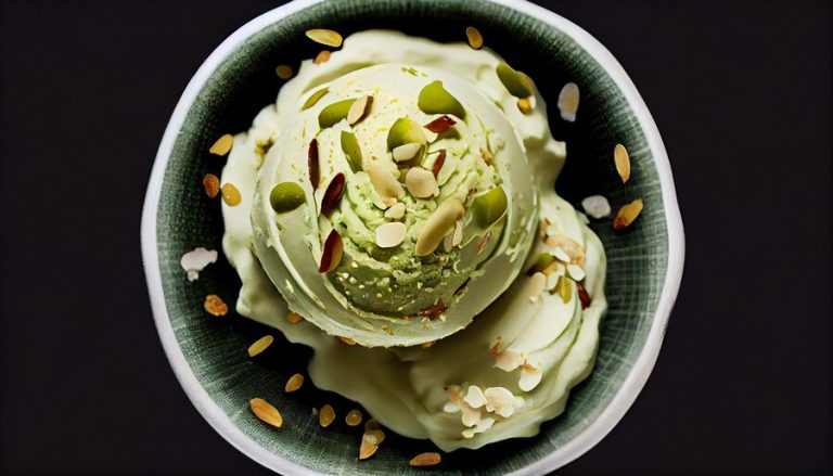 Viral Vegan Pistachio Ice Cream Recipe A bowl of vegan pistachio ice cream topped with nuts and almonds, showcasing a delicious dessert option.