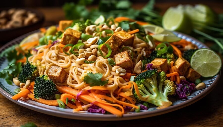  A plate of spicy peanut tofu bowls featuring noodles, broccoli, vegetables, and peanuts, showcasing a vibrant vegan meal.