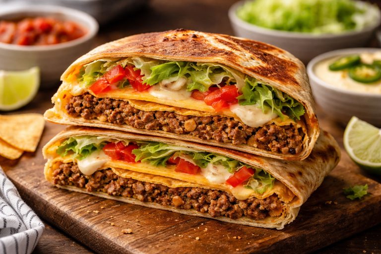 Close-up of a sliced Vegan Crunchwrap Supreme showing layers of plant-based meat, cashew queso, tostada crunch, lettuce, and tomatoes on a wooden board